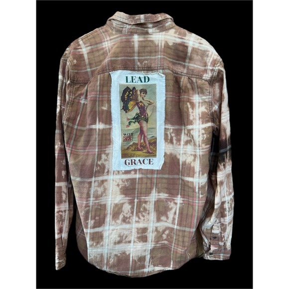 George Tops - Upcycled Flannel Lead With Grace Fairy Patch Bleach Dye Boho Shirt Medium